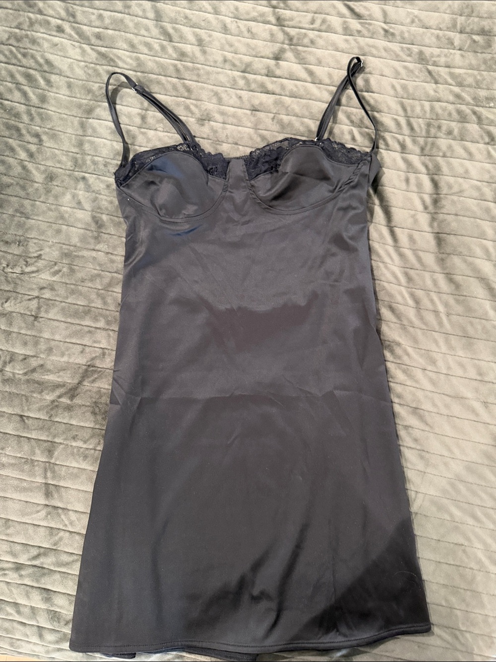 Source Unknown Black Satin Mini Slip Dress with Lace Trim